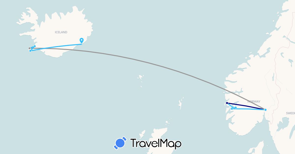 TravelMap itinerary: driving, plane, boat in Iceland, Norway (Europe)
